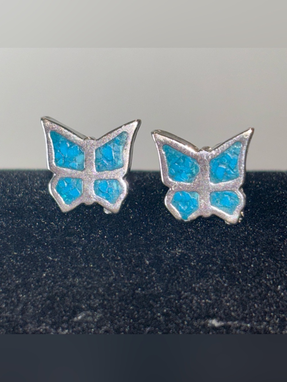 Butterfly Shaped Blue Chip Southwestern Silver Stud Earrings‎ Vintage Studs